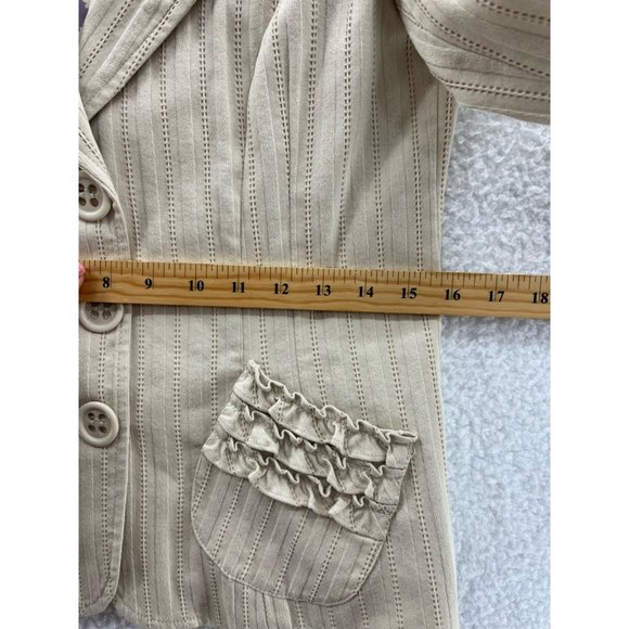 Nanette Lepore Womens Blazer Beige Stripe Long Sleeve Ruffle Pockets Stretch 6 - Picture 3 of 10